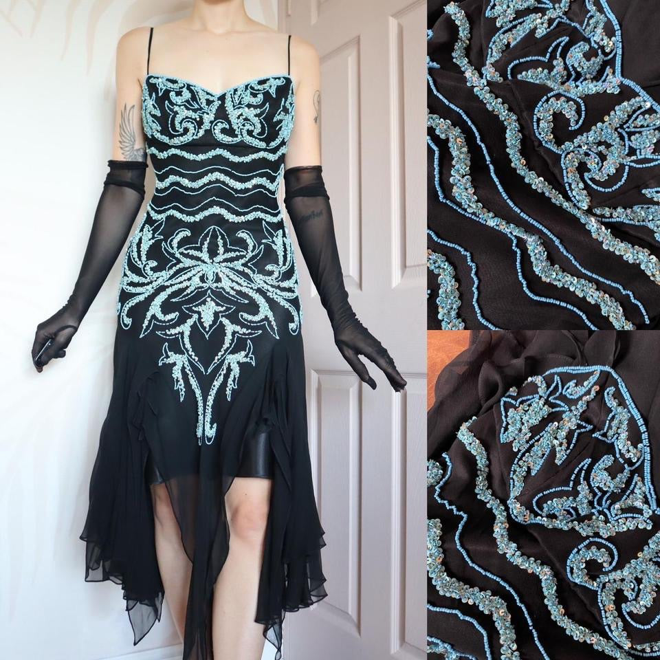 Black evening dress with turquoise beading & shawl UK 12