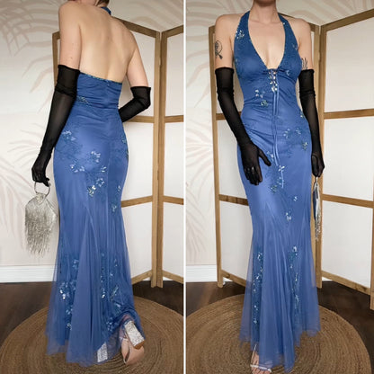 Blue beaded halter neck evening dress uk 12