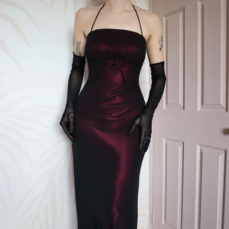 Vintage 90s Bhs dark overlay halter neck gown UK 16