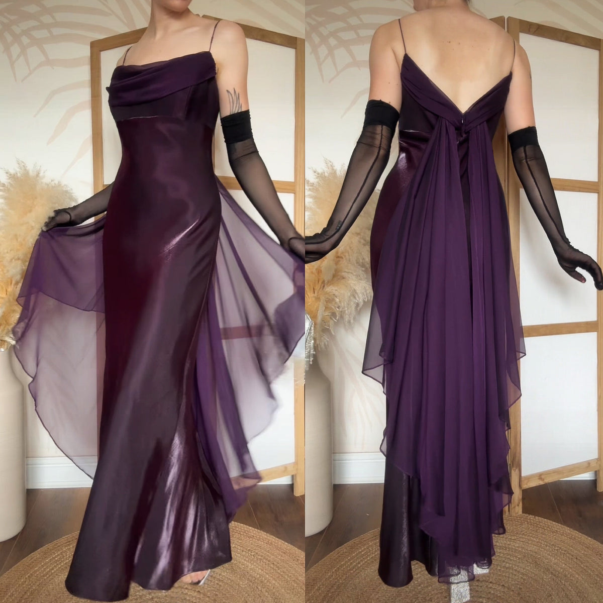 Purple satin & chiffon evening dress uk 16