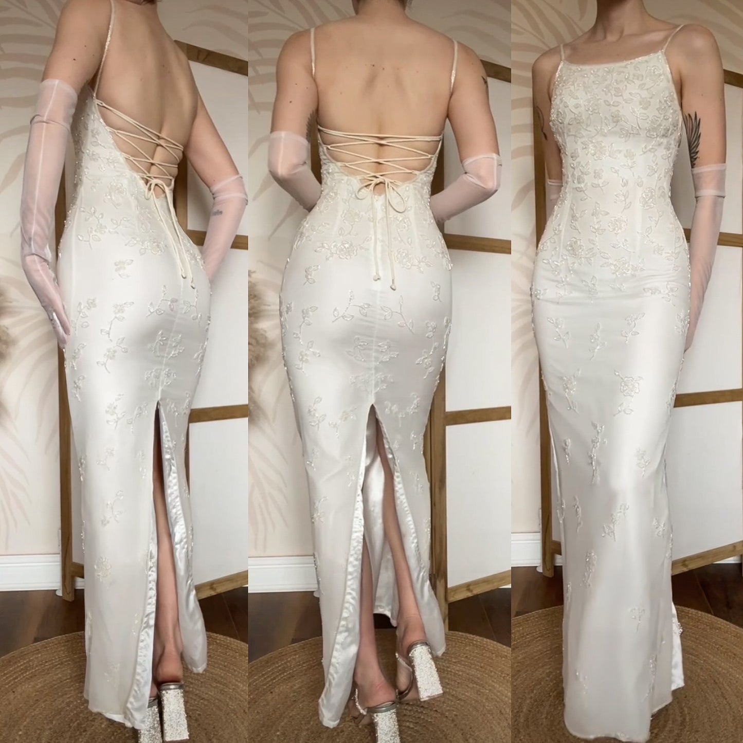 Ivory petite 100% silk beaded wedding dress uk 6