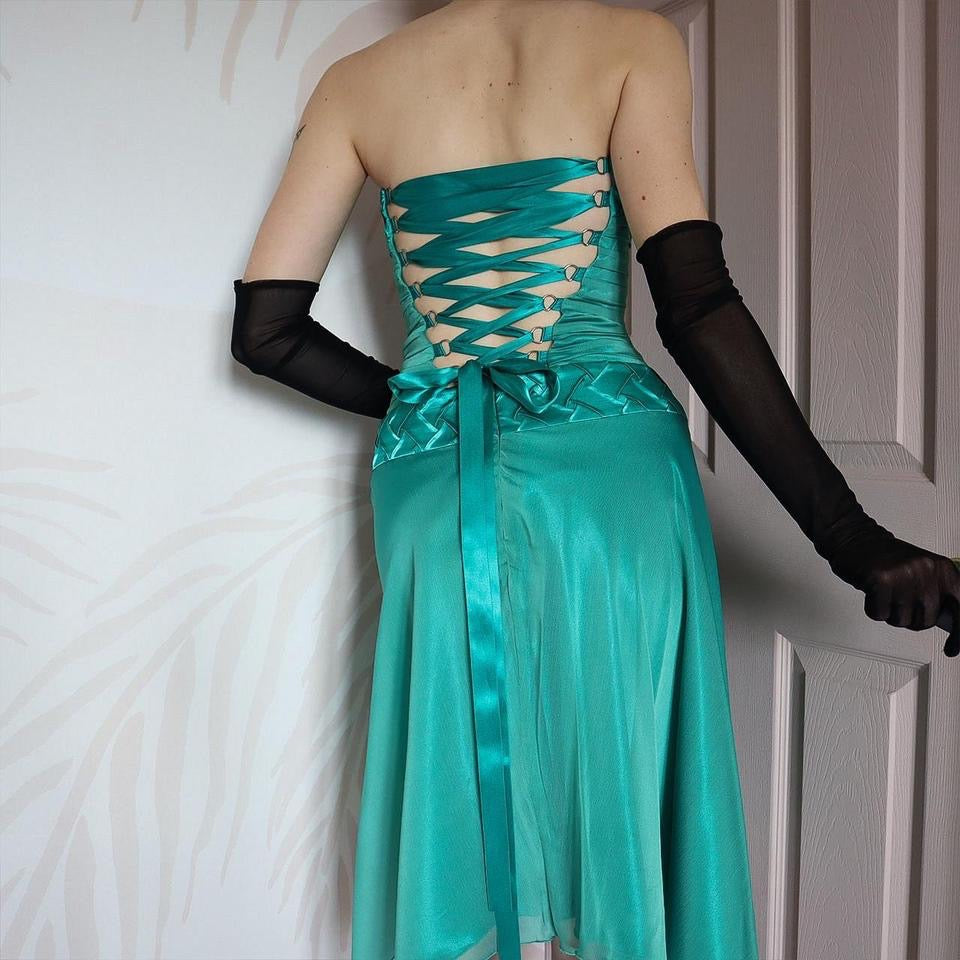 Teal strapless lace up midi dress UK 8-10