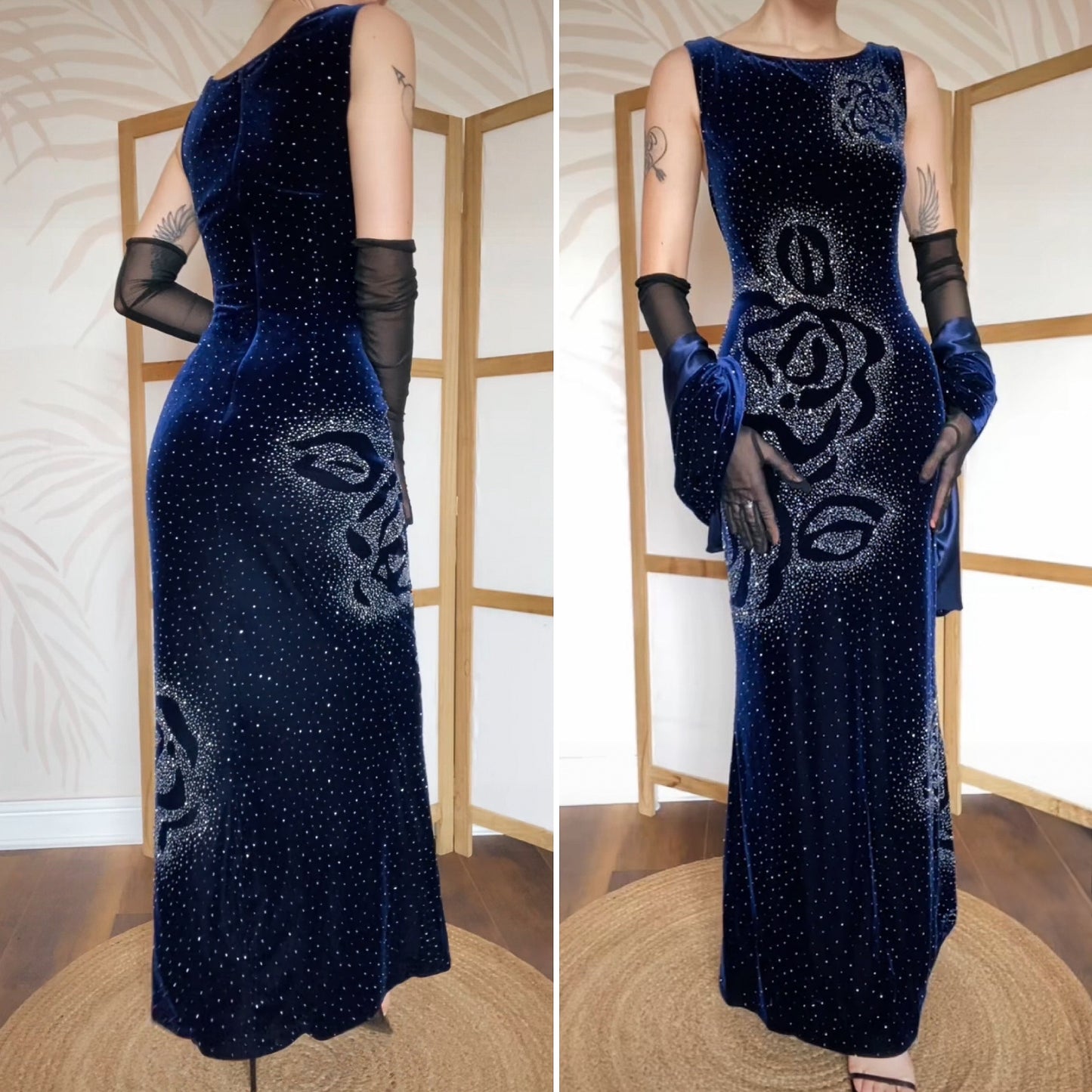 Frank Usher navy velvet beaded dress & shawl uk 14