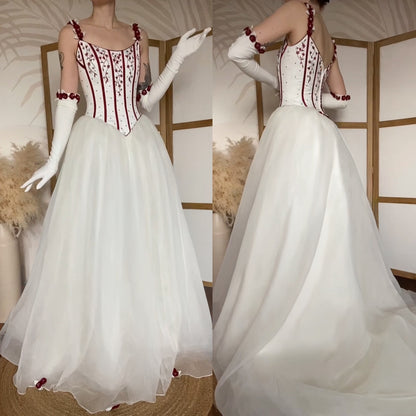 Gorgeous white & red wedding dress & gloves uk 10