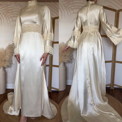 Ivory luxury satin long sleeve 70s wedding dress uk 12