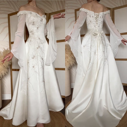 Dreamy off shoulder ivory long sleeve vintage wedding dress uk 12-14