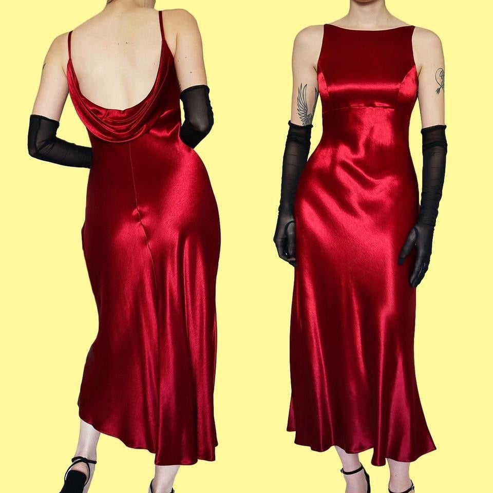 Red satin petite evening dress UK 8 & UK 10