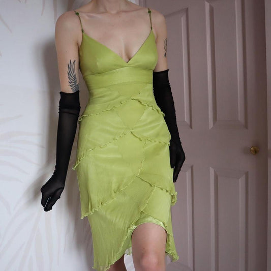 Green 100% silk fairy mini dress UK 12