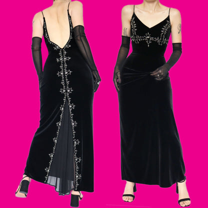 Black velvet beaded evening dress UK 14