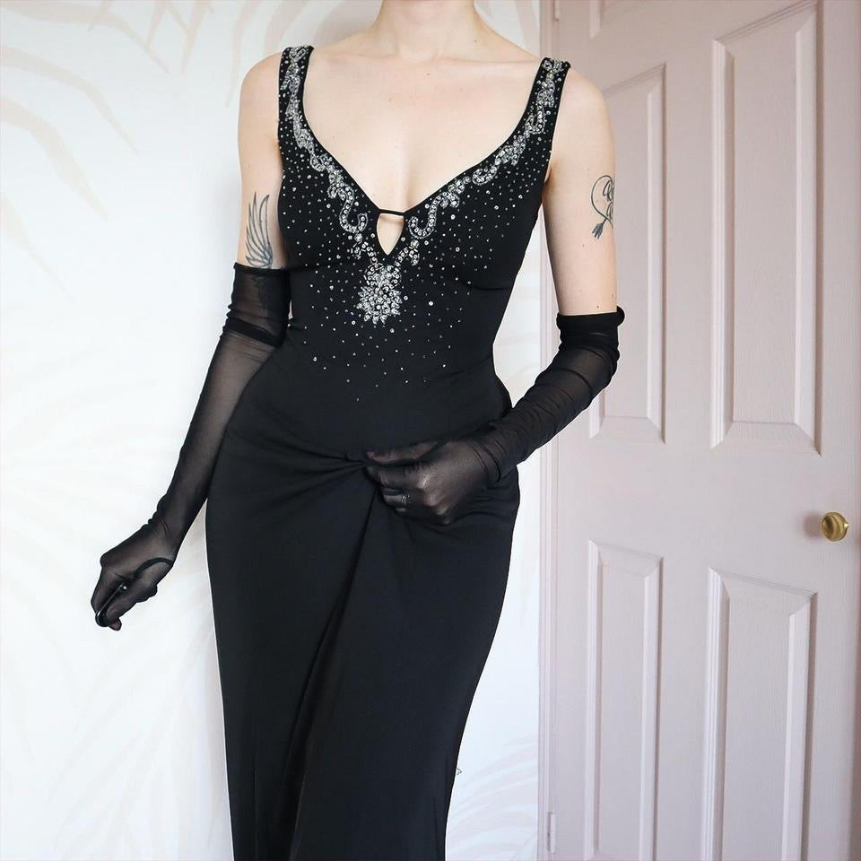 Black low cut lace up back evening dress UK 8-10