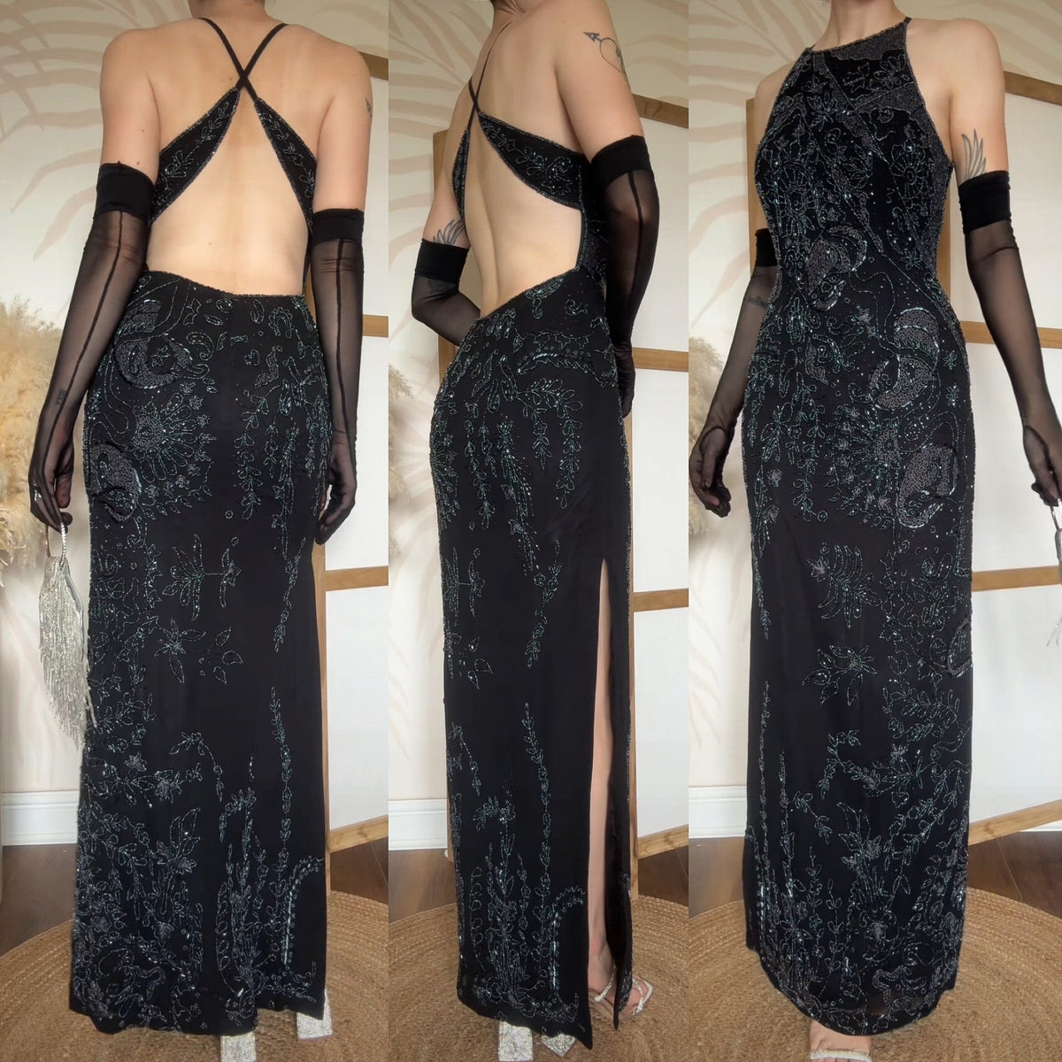 Black beaded open back evening dress uk 10