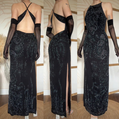 Black beaded open back evening dress uk 10