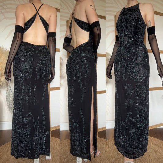 Black beaded open back evening dress uk 8