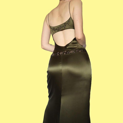 Olive green beaded open back evening gown UK 12