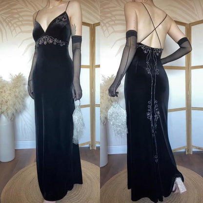 Black 90s velvet beaded evening dress uk 16
