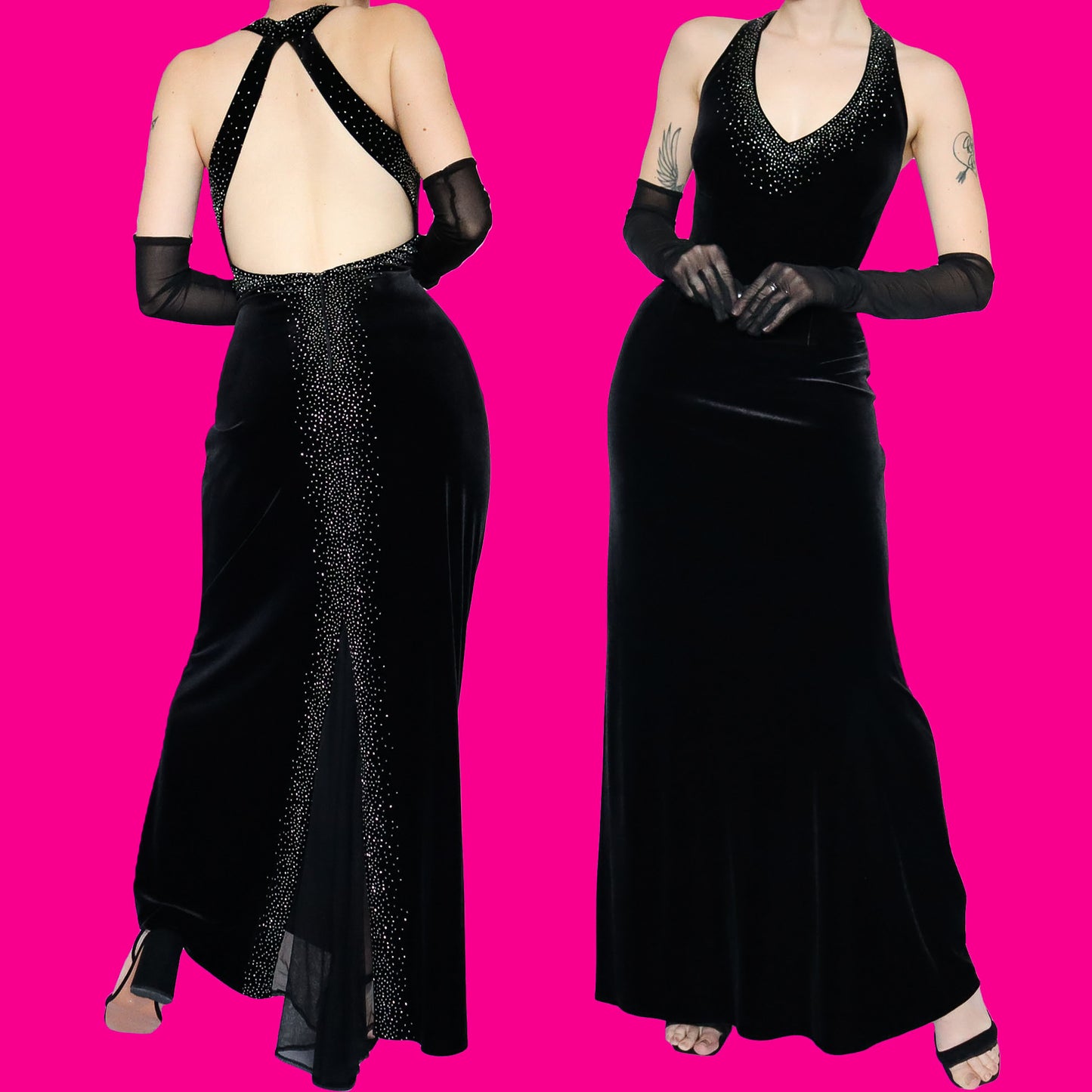 Black velvet 90s beaded evening gown UK 8