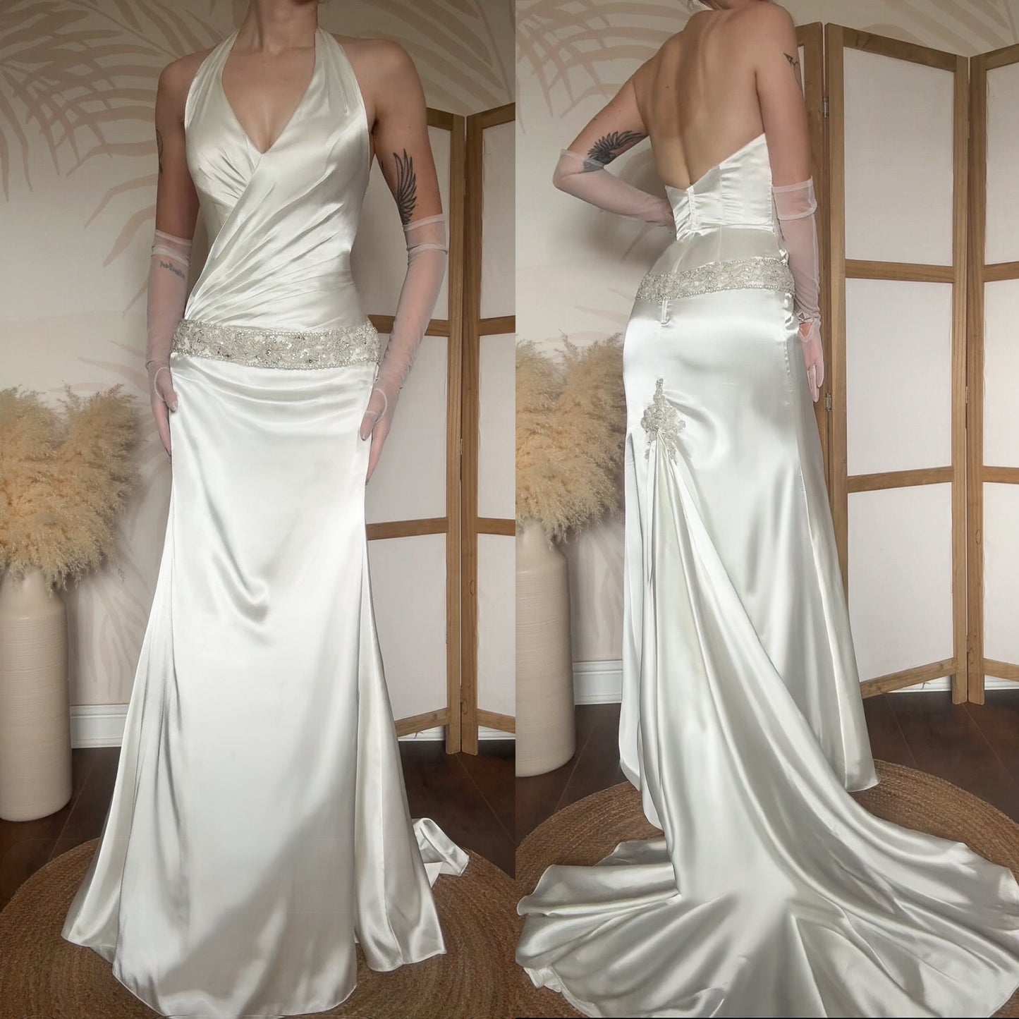 Ivory satin halter-neck wedding dress uk 10-12