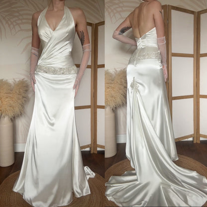 Ivory satin halter-neck wedding dress uk 10-12