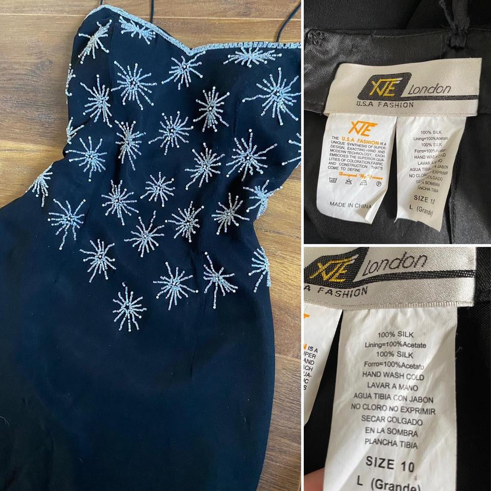 Black 100% silk beaded evening dress uk 10