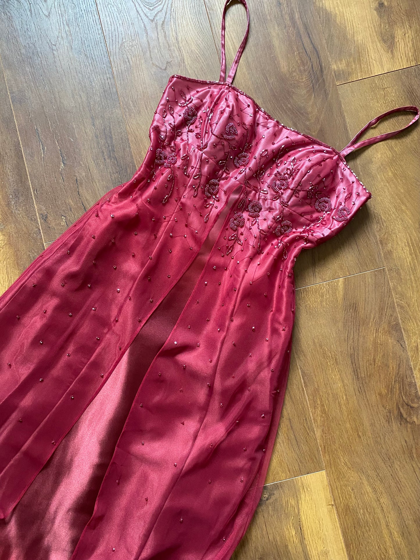 Pink & red ombré beaded 2000s prom dress UK 12