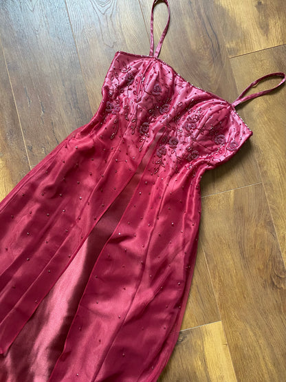 Pink & red ombré beaded 2000s prom dress UK 12