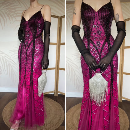 Pink 100% silk bead & sequin mermaid evening dress uk 10
