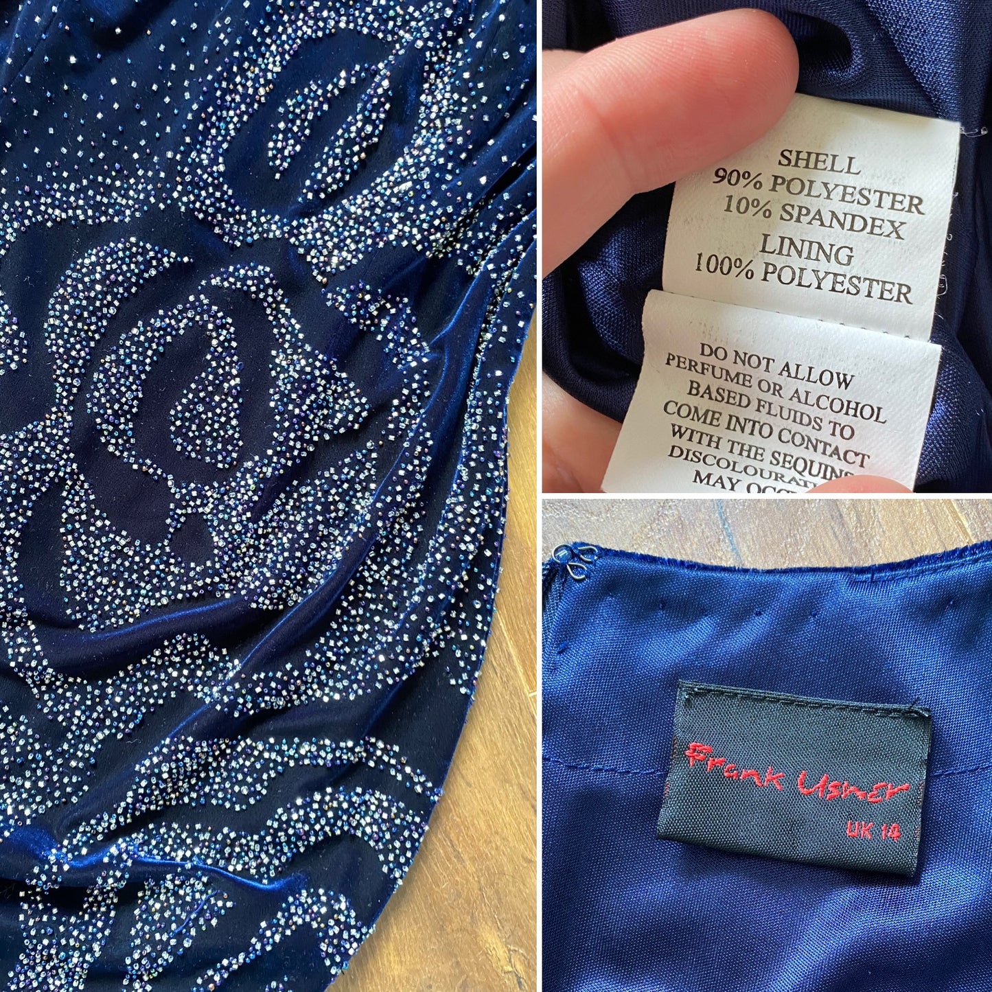 Frank Usher navy velvet beaded dress & shawl uk 14