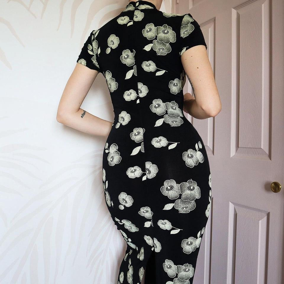 Black stretch high neck short sleeve dress UK 10