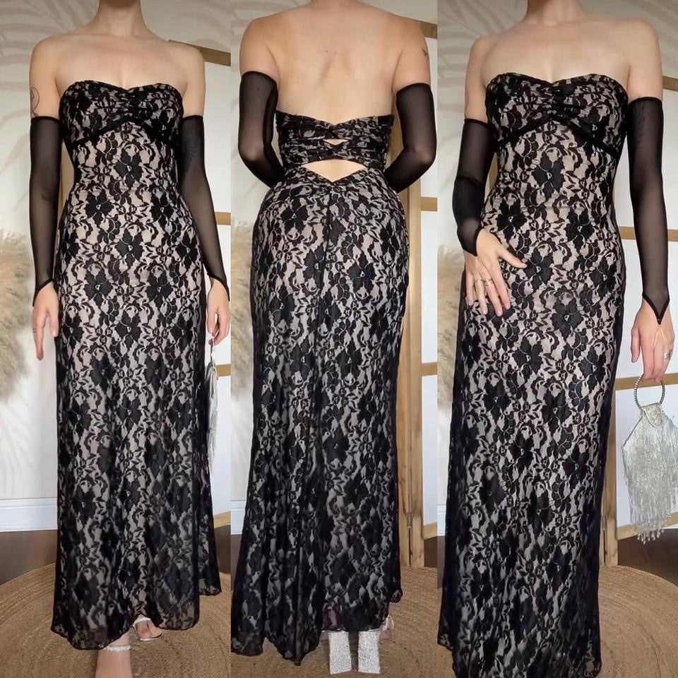 Black lace strapless stretchy evening dress uk 10