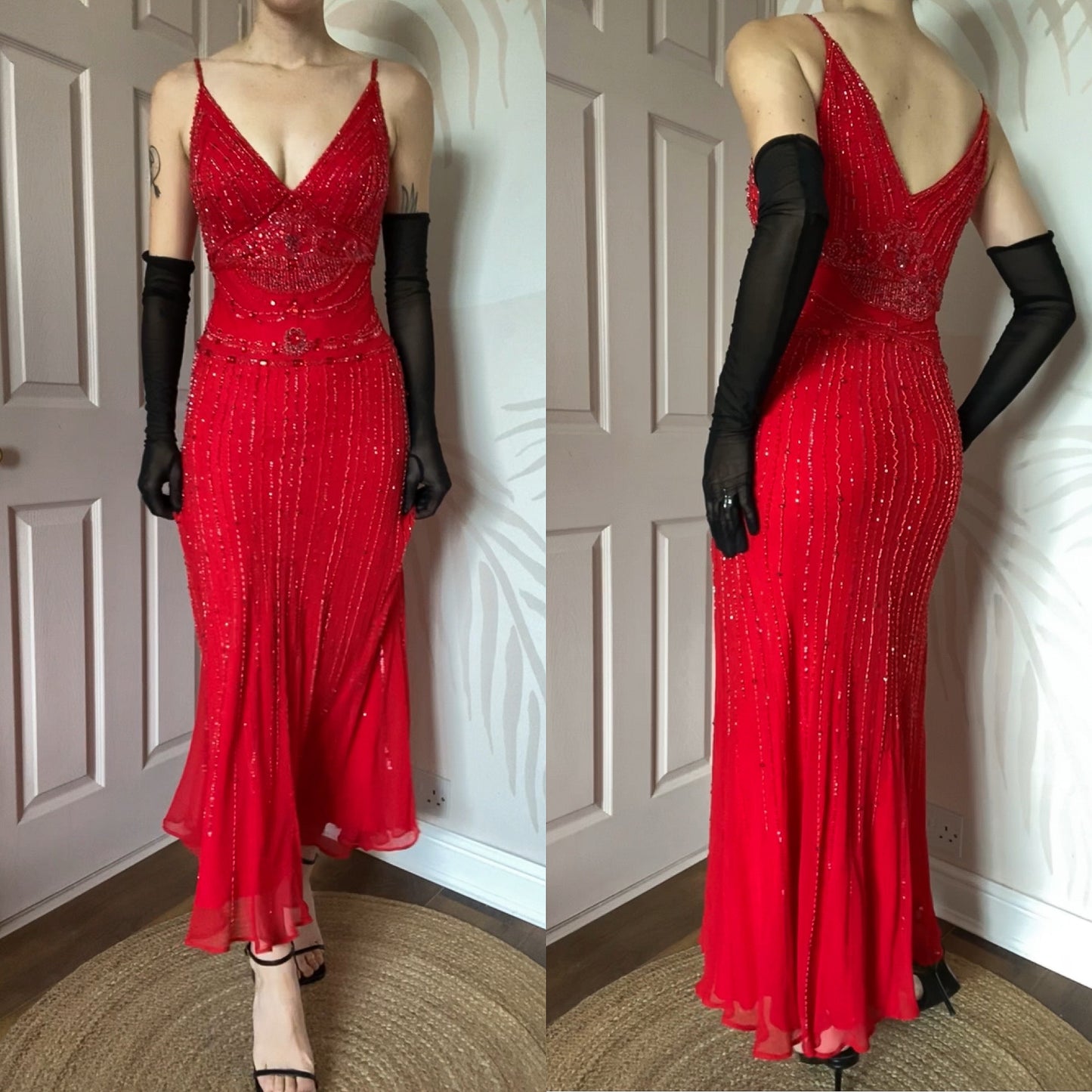 Red Gina Bacconi 100% silk beaded evening dress UK 10-12