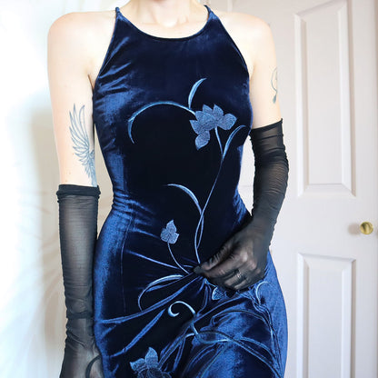 Vintage Gina Bacconi Blue Velvet evening Gown UK 14