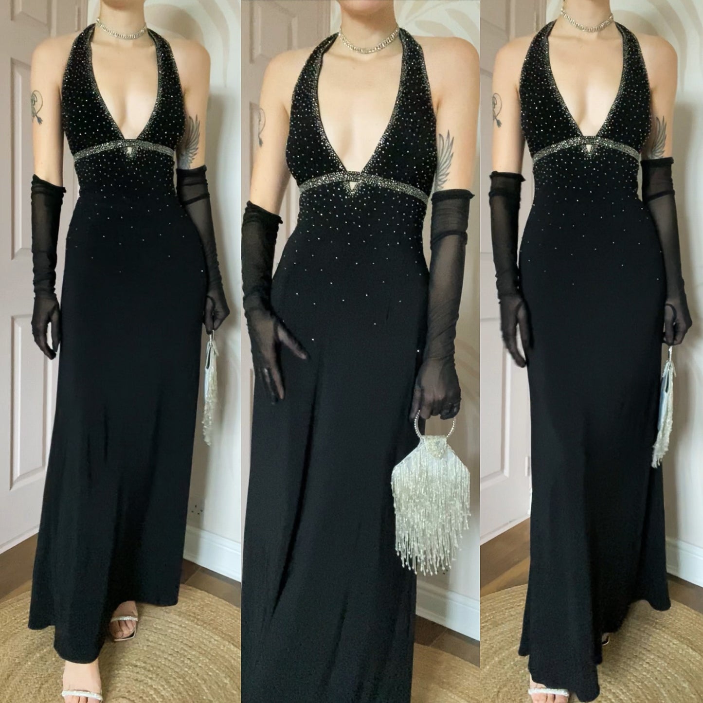 Black beaded stretch halter neck evening dress UK 10