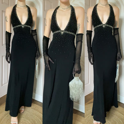 Black 90s Dave & Johnny beaded stretch halter neck evening dress UK 10