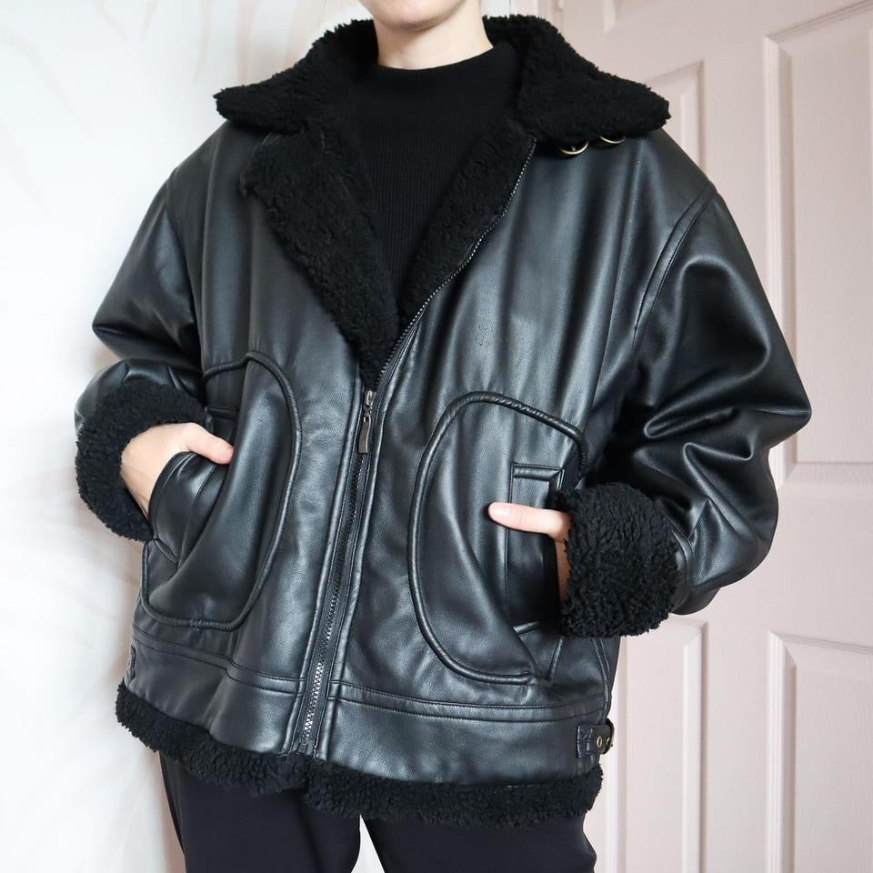 Black faux leather aviator coat UK M