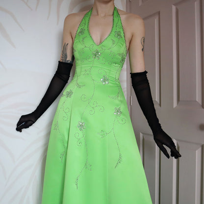 Morgan & Co green beaded halter neck evening gown UK 14