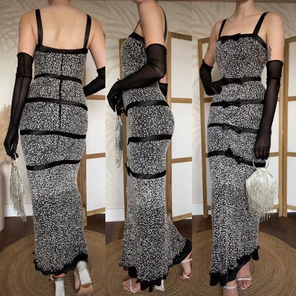Sousourada 100% silk black & white beaded evening dress uk 6-8