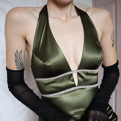 Khaki green satin diamanté evening gown UK 10