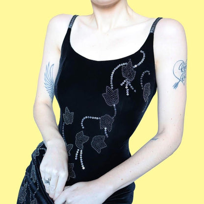 Black stretch velvet Dusk beaded dress UK 12