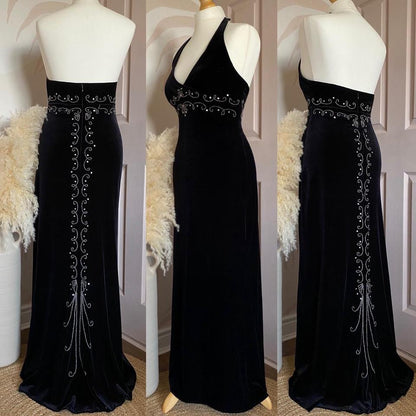 Dave & Johnny black velvet beaded halter-neck dress uk 12