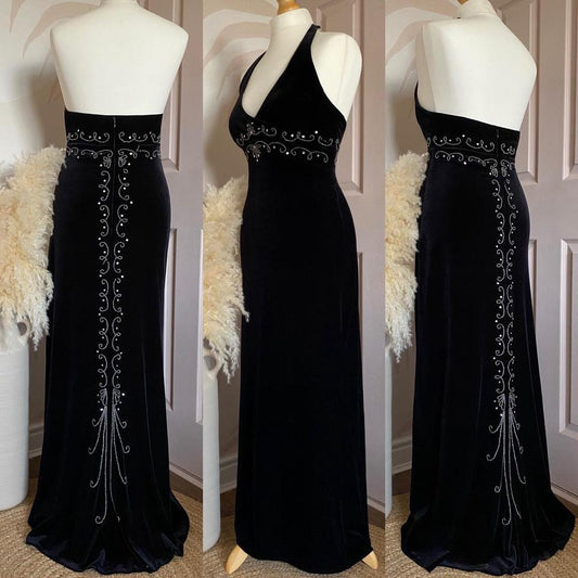 Dave & Johnny black velvet beaded halter-neck dress uk 12