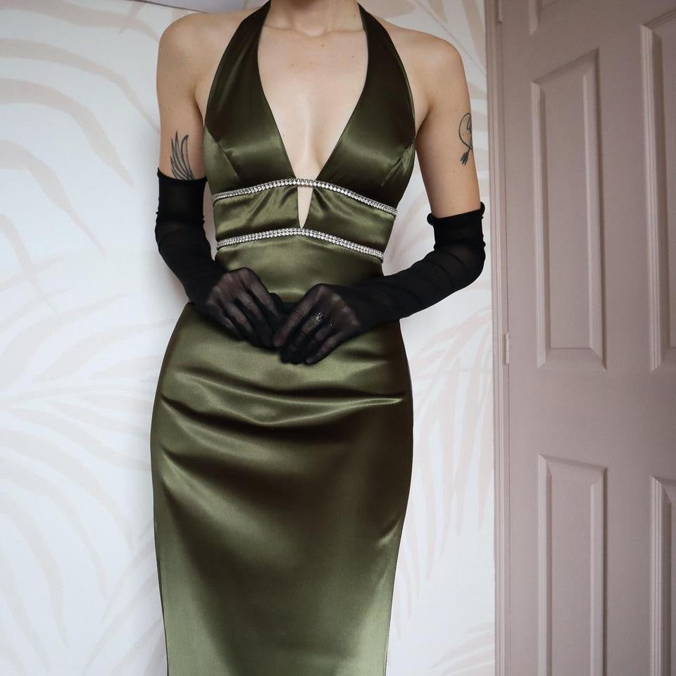 Khaki green diamanté evening dress UK 10