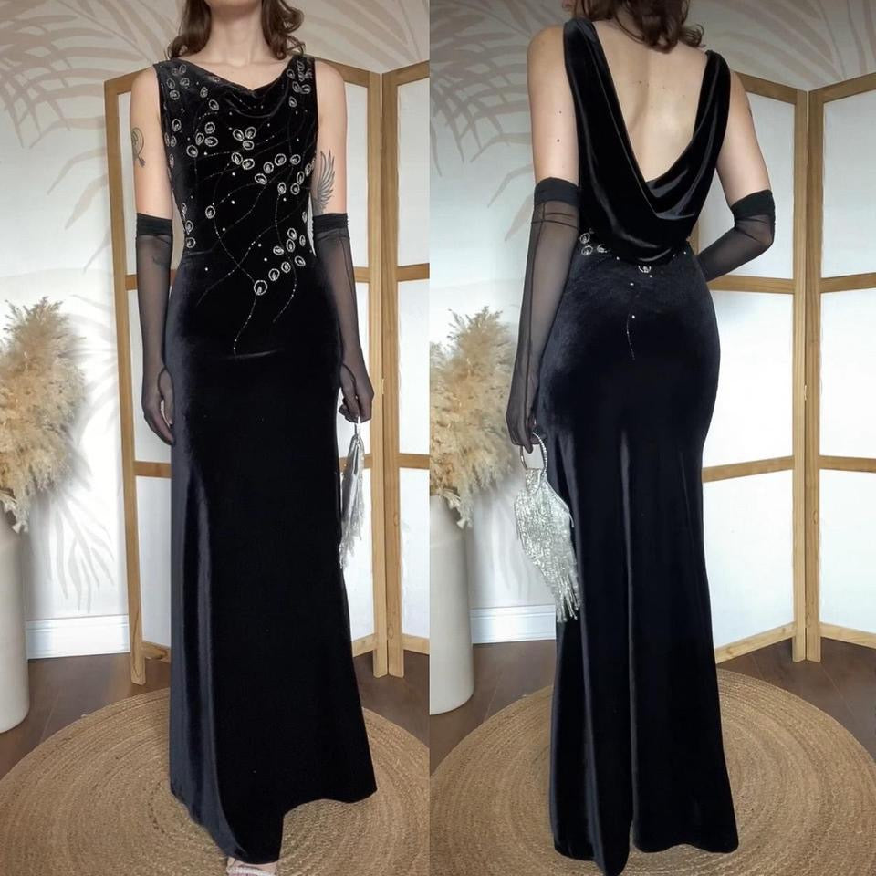 Black Christine Elizabeth velvet beaded evening dress uk 8