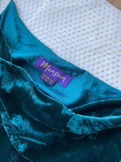 Monsoon teal leaf velvet slip dress UK 12