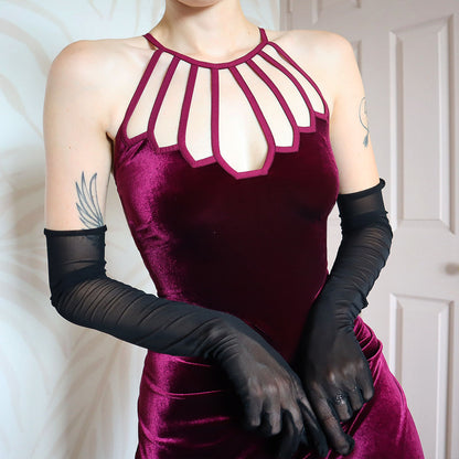 Gina Bacconi burgundy velvet stretch evening gown UK 14