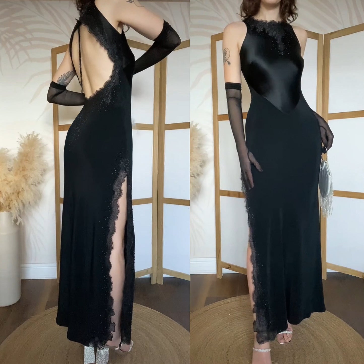 Black lace beaded open back evening dress uk 8