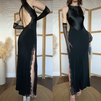 Black lace beaded open back evening dress uk 8