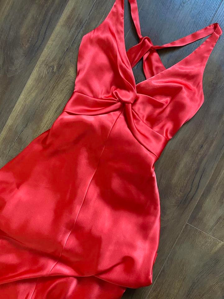 Orangey red satin evening gown UK 10