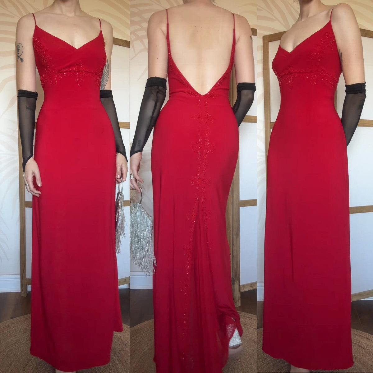 Flori red stretch beaded evening dress UK 14