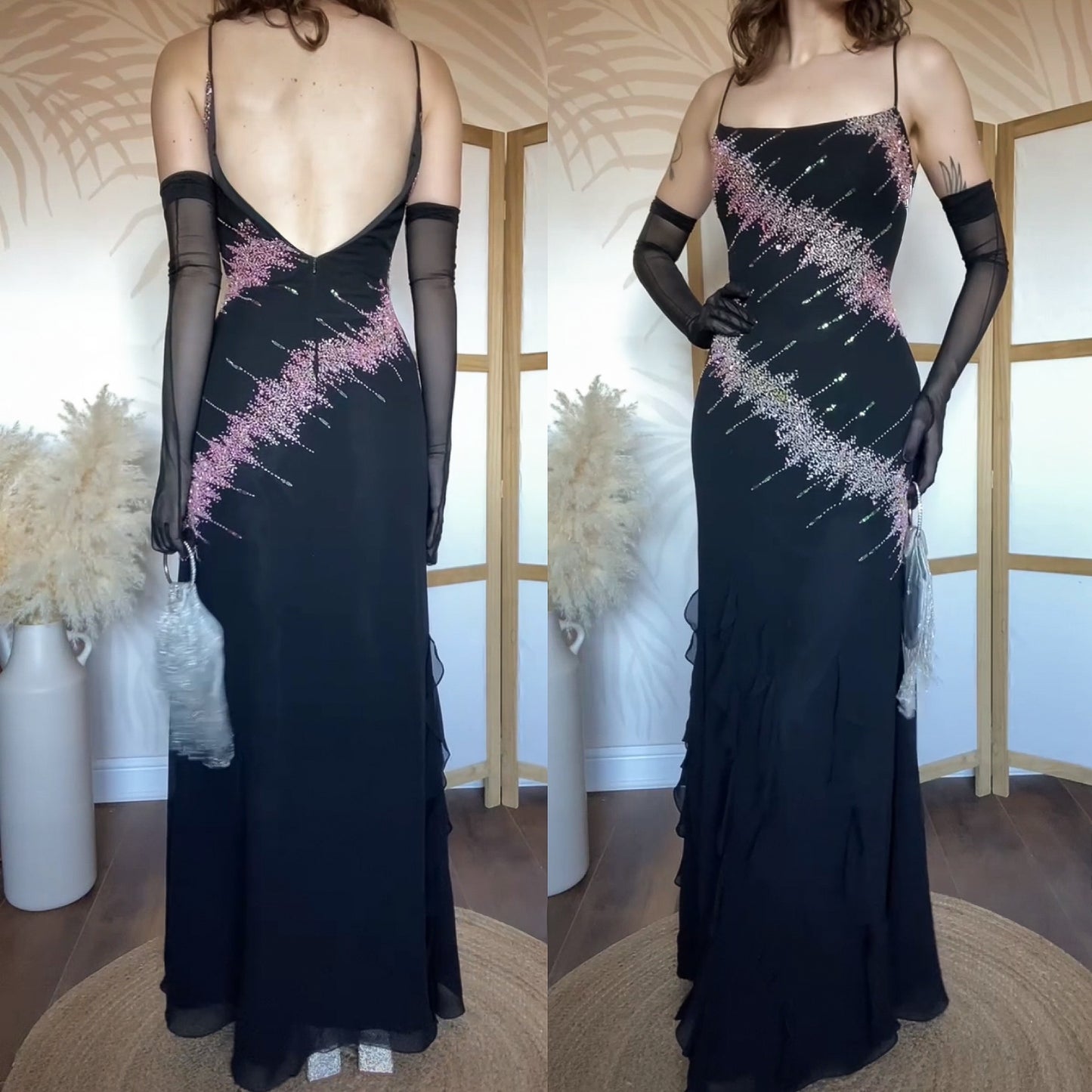 YVE London black & pink beaded evening dress uk 12-14