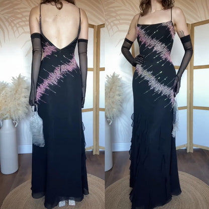 YVE London black & pink beaded evening dress uk 12-14
